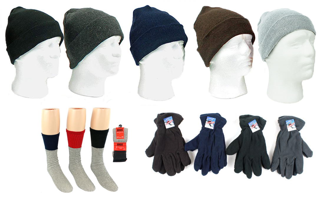 ''Adult Cuffed Winter Knit HATs, Men's Fleece Gloves, and Men's Thermal Crew Socks Combo''