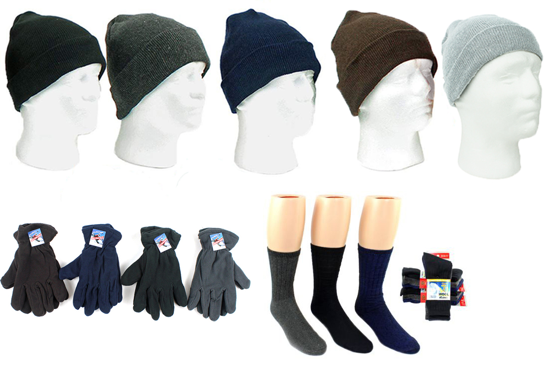 ''Adult Cuffed Winter Knit HATs, Men's Fleece Gloves, and Men's Wool Blend Socks Combo''