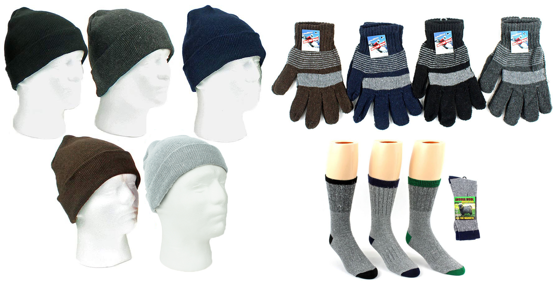 ''Adult Cuffed Winter Knit HATs, Men's Knit Gloves, and Men's Angora Wool Blend Socks Combo''