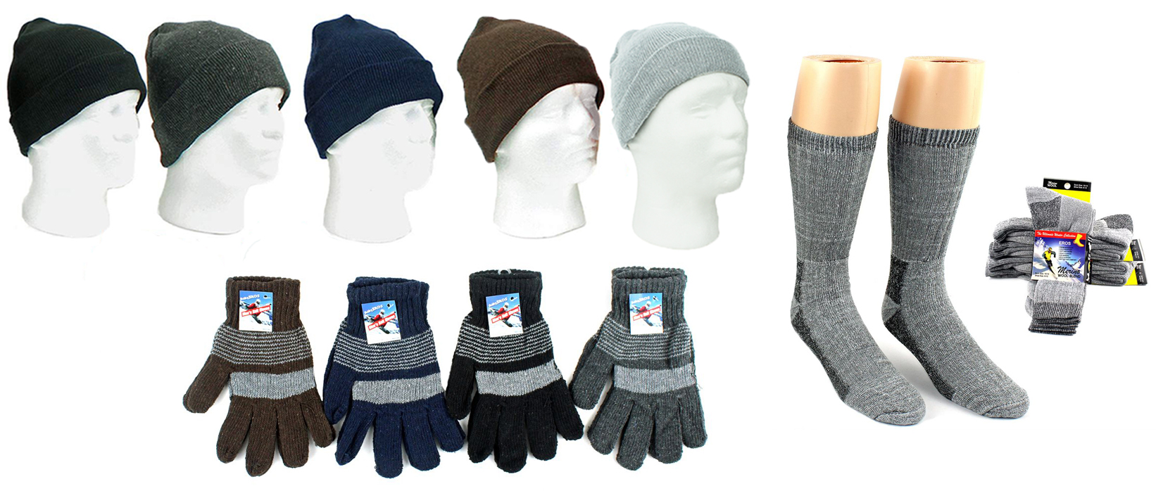 ''Adult Cuffed Winter Knit HATs, Men's Knit Gloves, and Men's Wool Blend Socks Combo''