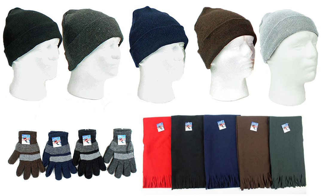 ''Adult Cuffed Winter Knit HATs, Men's Knit Gloves, and Adult Assorted Scarves''