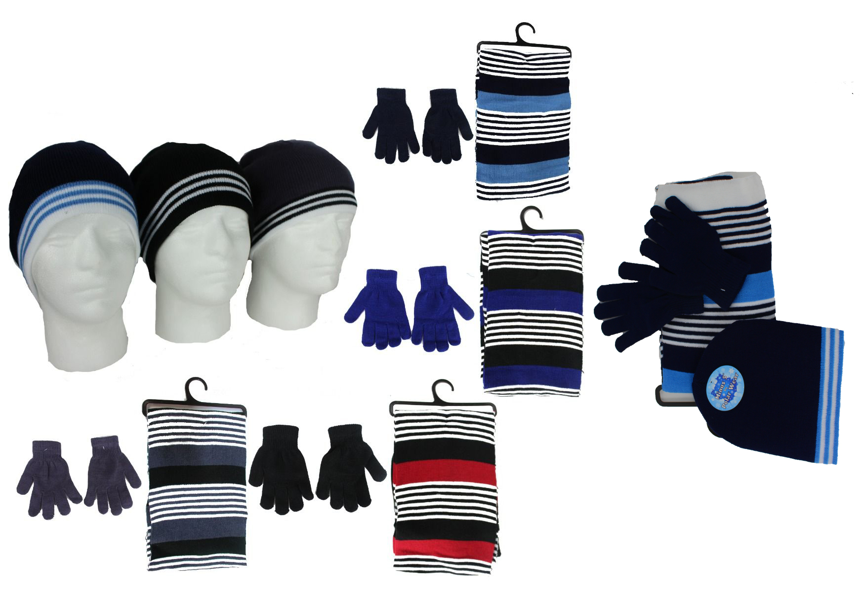 ''Boy's Premium Knit Winter Hat, Glove, & SCARF Sets w/ Two Tone Stripes''