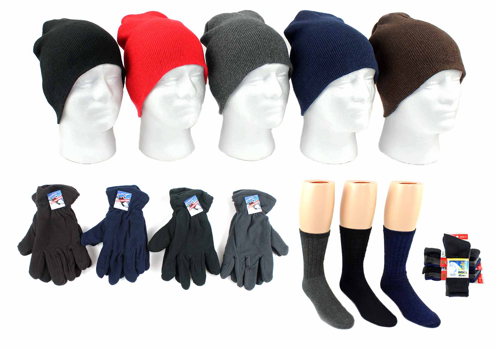 ''Adult Beanie Winter Knit HATs, Men's Fleece Gloves, and Men's Wool Blend Socks Combo''