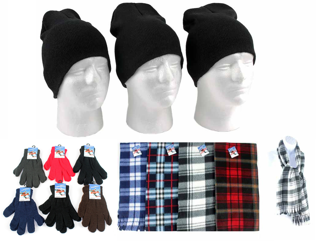 ''Adult Beanie Winter Knit HATs, Adult Magic Gloves, and Adult Checkered Scarves Combo Packs''