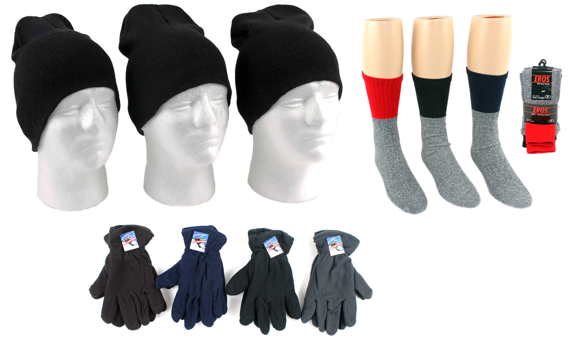 ''Adult Beanie Winter Knit HATs, Men's Fleece Gloves, and Men's Thermal Socks Combo''