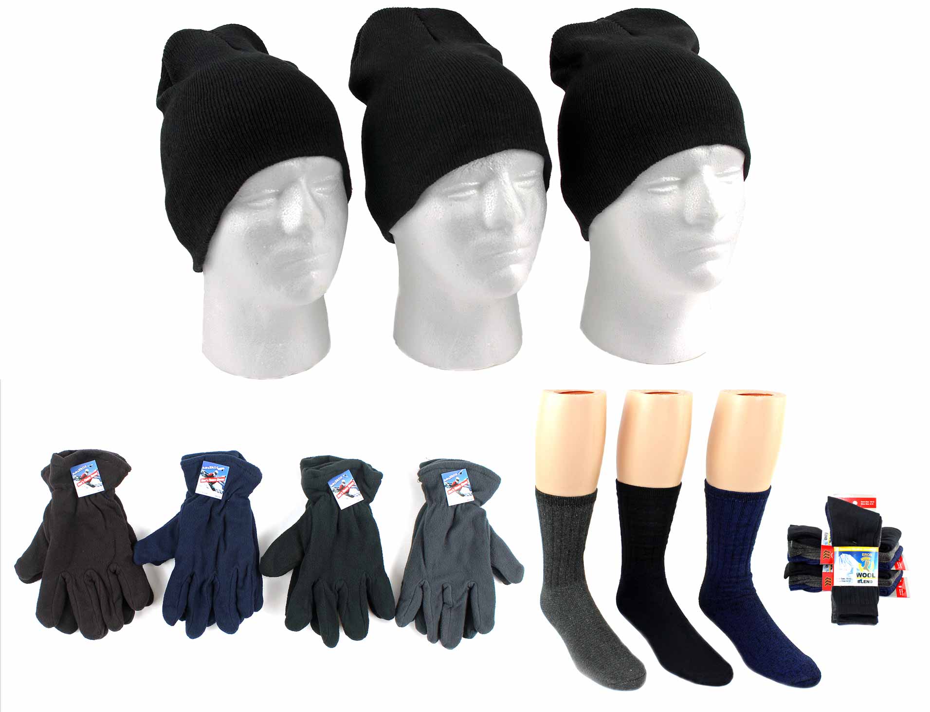 ''Adult Beanie Winter Knit HATs, Men's Fleece Gloves, and Men's Wool Blend Socks Combo''