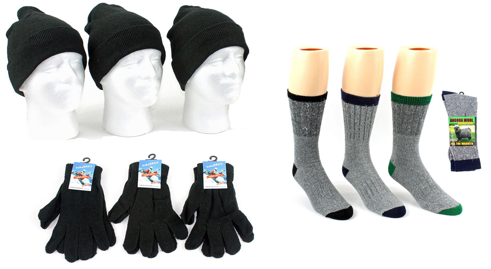 ''Adult Cuffed Winter Knit HATs, Adult Magic Gloves, and Men's Angora Wool Blend Socks Combo''