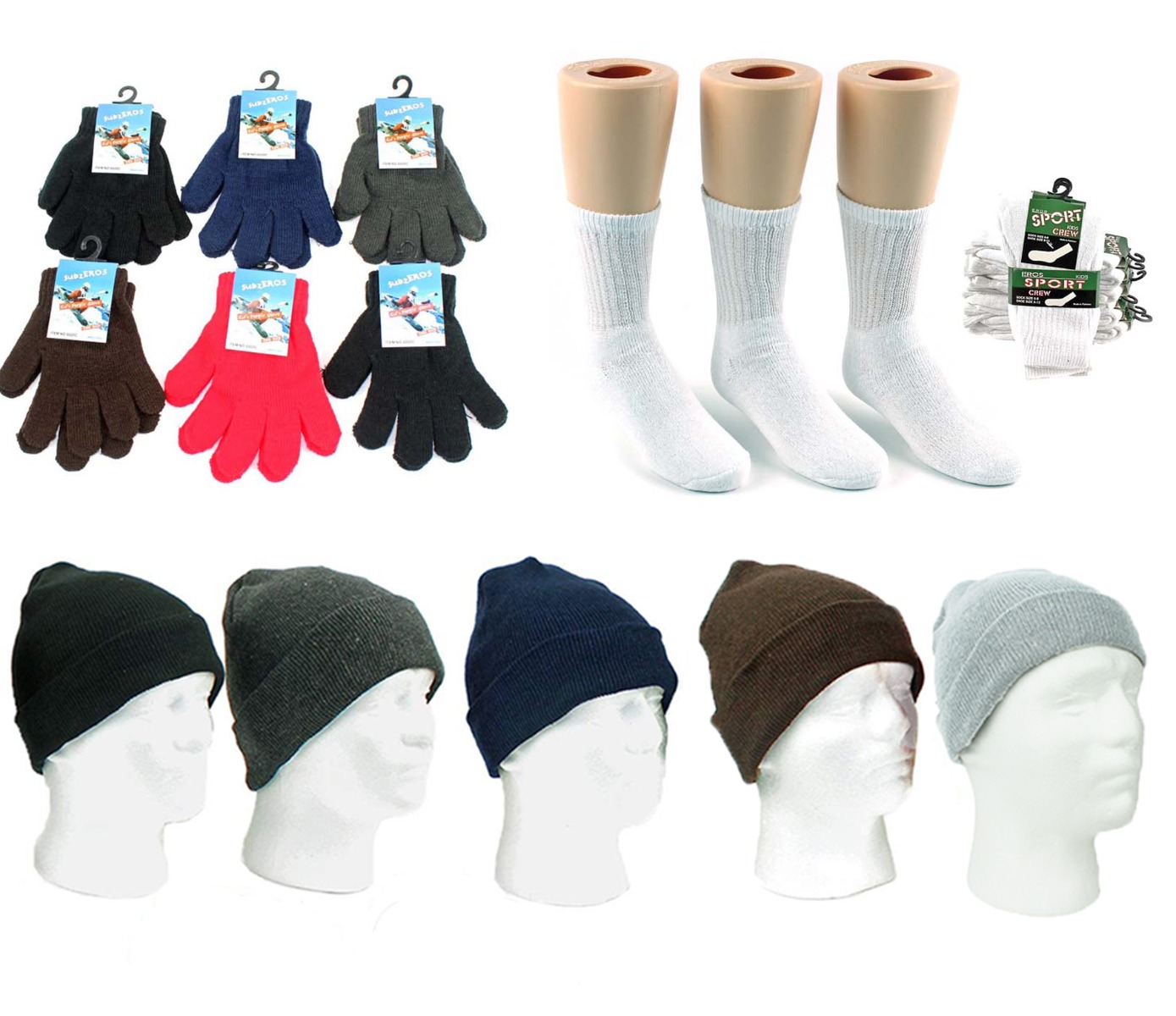 ''Children's Cuffed Winter Knit HATs, Magic Gloves, and Athletic Crew Socks Combo Pack''