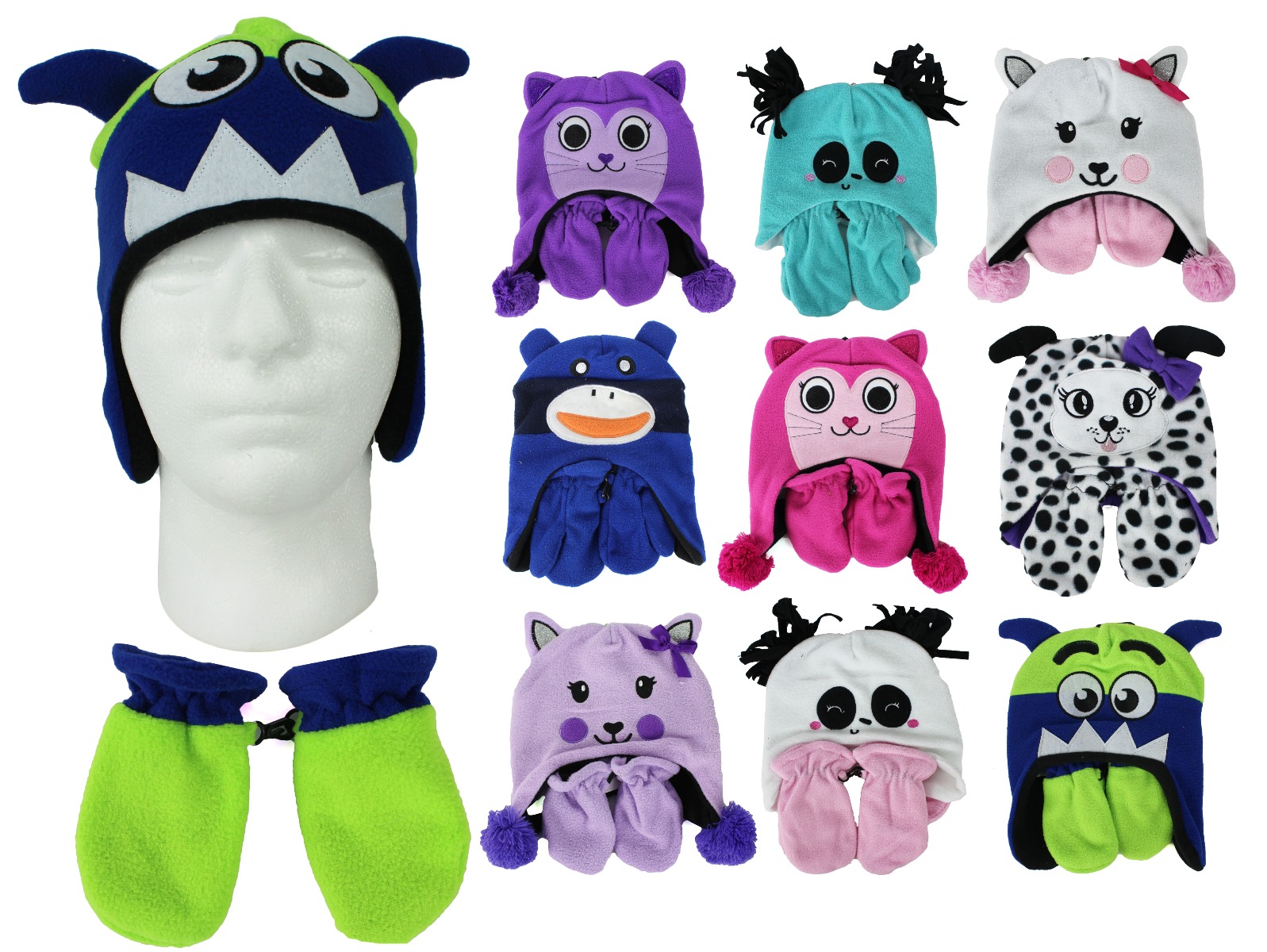 Infant & Toddler's Premium Sherpa Winter Hat & Mitten Sets w/ Embroidered Animal & Monster Designs