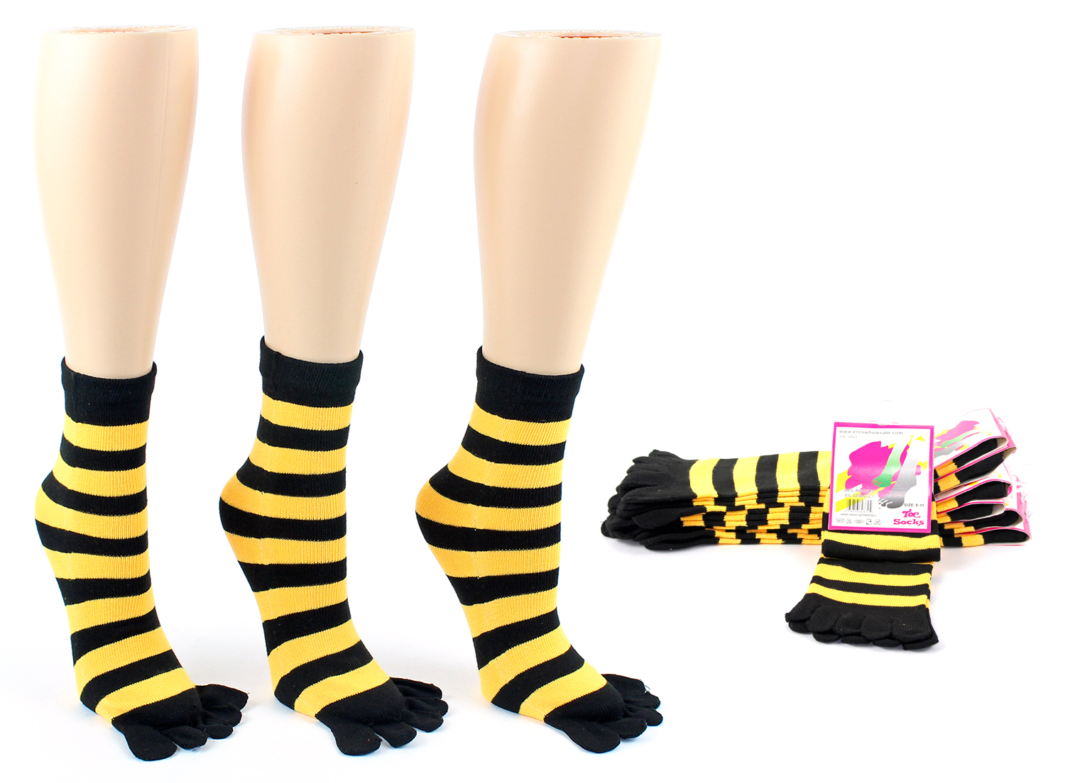 Women's Toe Socks - Black & GOLD Striped Print - Size 9-11