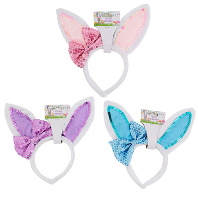 Easter HEADBAND W/sequin Bow 3ast Colors/barbell Header Pink/blue/purple