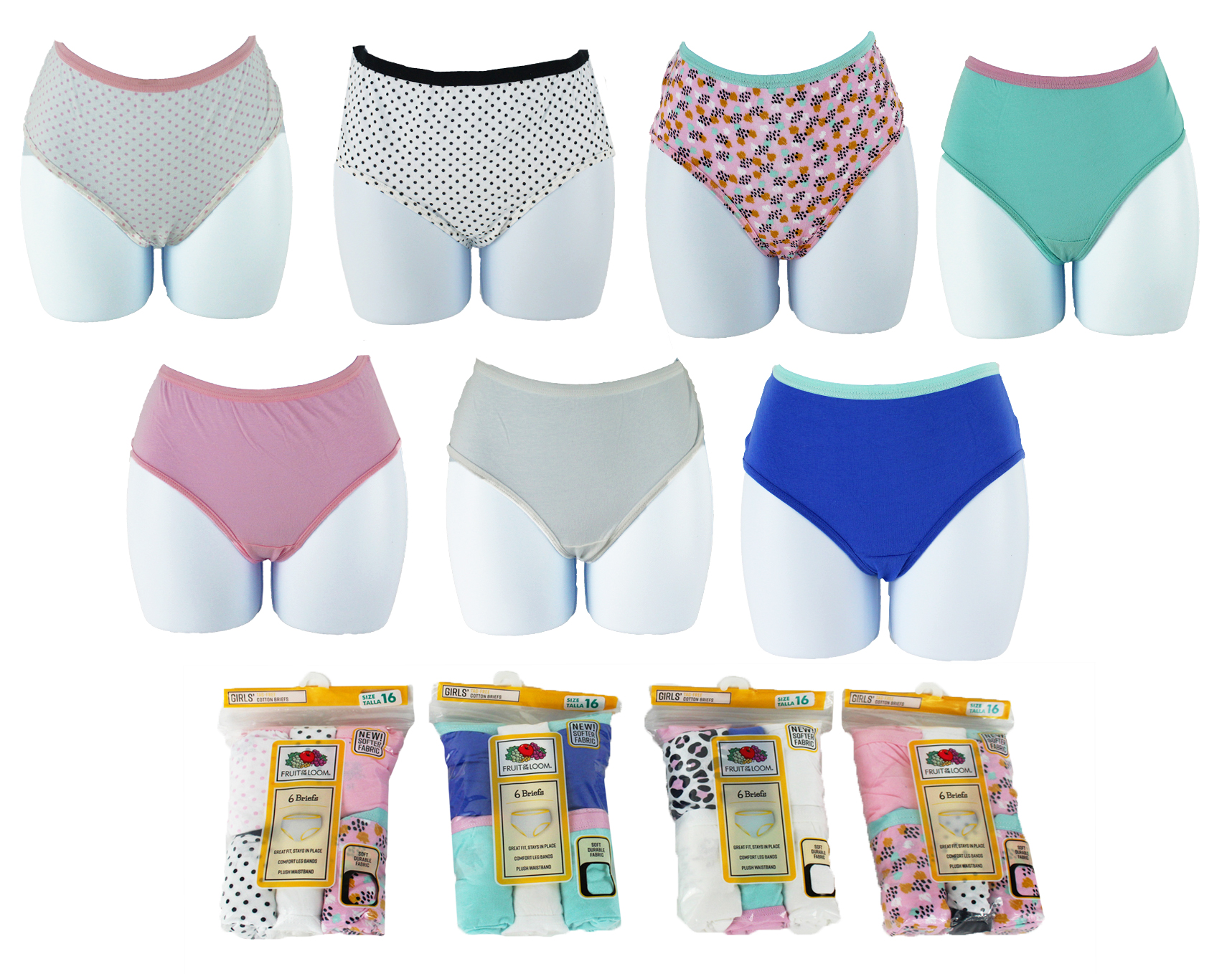 Fruit of the Loom Girl's Brief UNDERWEAR 6-Packs - Sizes 2T/3T - 16