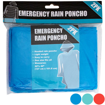 Rain PONCHO Emergency 2pk 3astcolors 50x40in Bonus Mdsg Stripsincluded/pbh