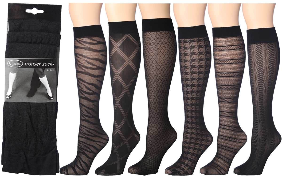 Women's Black Textured Knee High Trouser SOCKS - Assorted Patterns - Size 9-11 - 3-Pair Packs