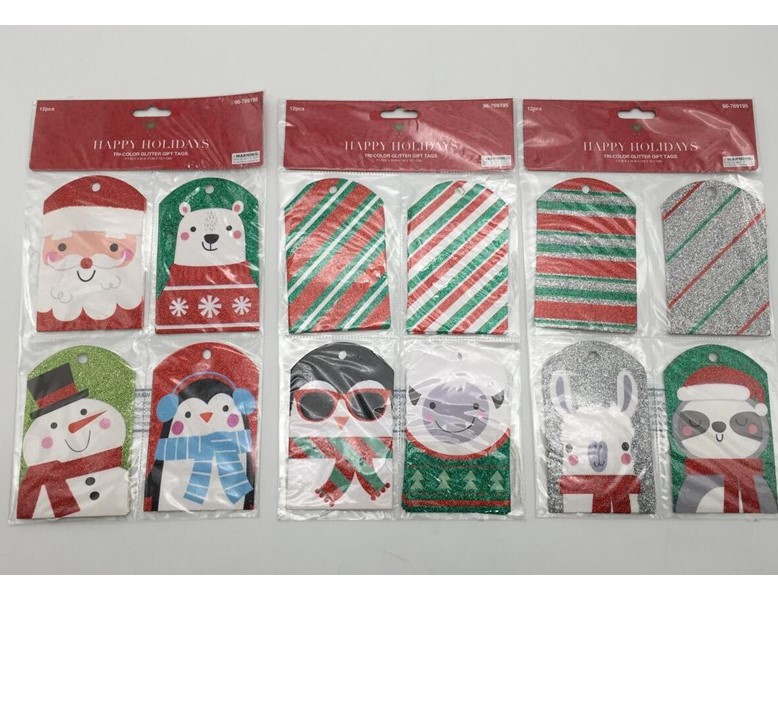 Gift Tags 12ct W/strings 3ast W/glitter 4 Designs Per Pack 2.5x4in /24pc Mdsgstp Cello Sleeve/pb Hdr