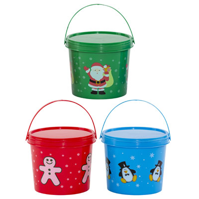 ''CANDY Bucket W/lid Plastic 3ast Christmas Prints/colors 4.75x4x4.25''''h Xmas Label''