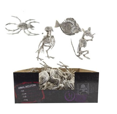 Skeleton ANIMAL 4ast In 24pc Pdq Plastic Crow/rat/spider/fish Hlwn Ht