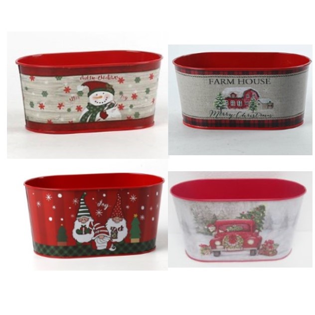 CHRISTMAS Tin Bucket Oval Decorative 9in L X 4.5in W X 4.625in H 4asst Prints Upc Label