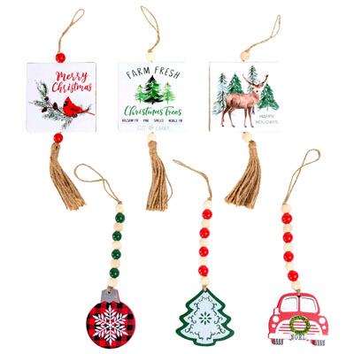 Ornament Christmas Mdf W/tassel Or Bead DANGLE 12in Total/6astht/mdf Comply Label
