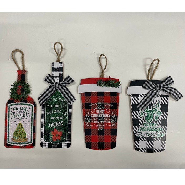 Ornament Christmas Wine Bottle Or COFFEE Cup 4ast Mdf Xmas Headercard