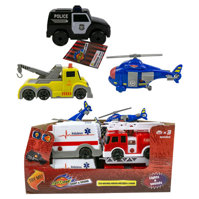 TOY TRUCKs Emergency Vehicles 5ast W/lights & Sound/24pc Pdq Free Wheel Pp 2.36in W/label
