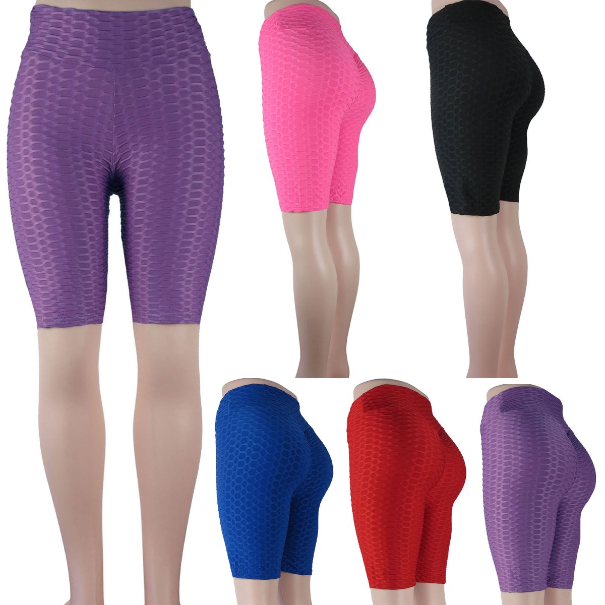 Women's Anti-Cellulite Honeycomb Textured Scrunch Butt BIKER Shorts - Assorted Colors