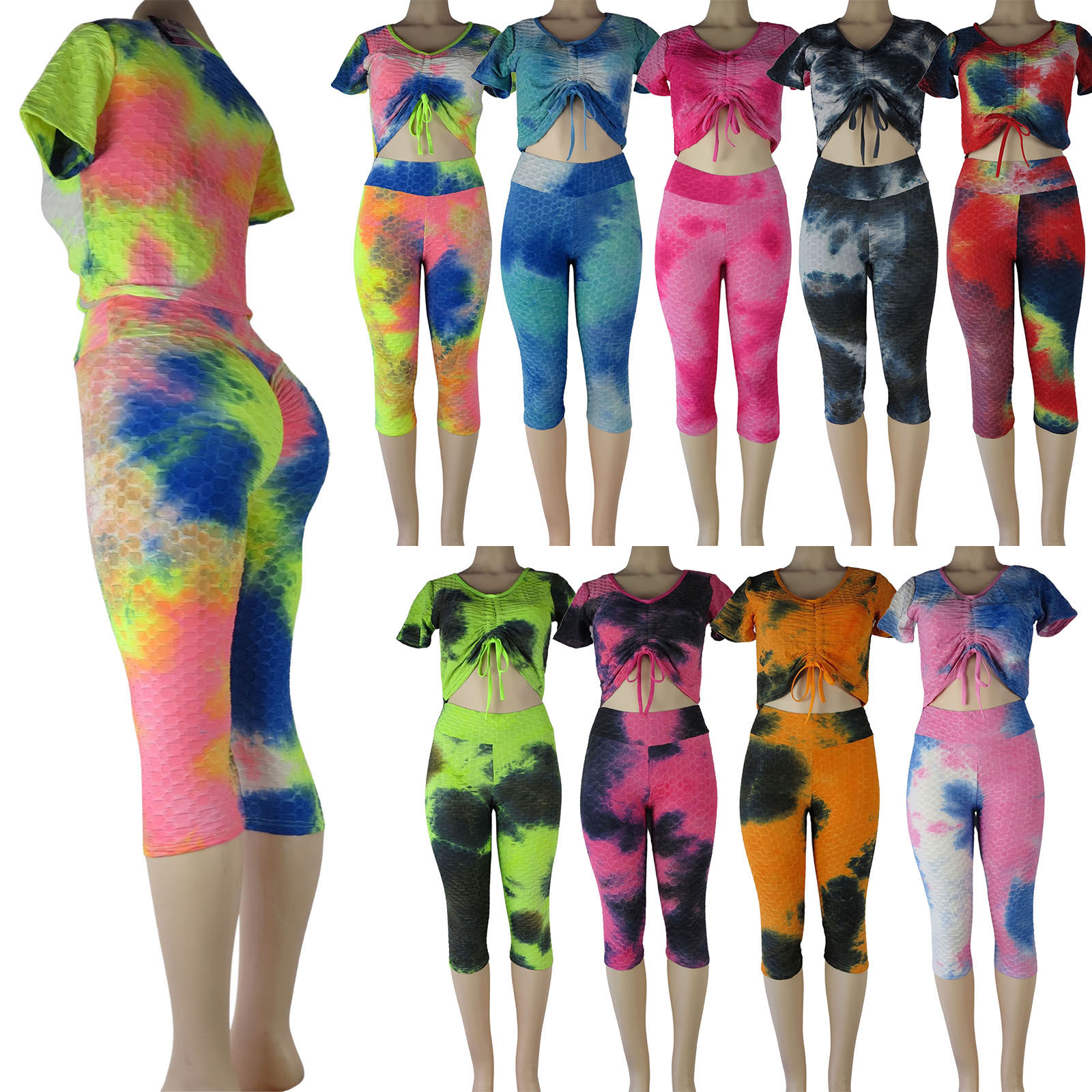 Women's Two-Piece Textured Anti-Cellulite SHIRT & Leggings Set - Tie-Dye Multi-Colors