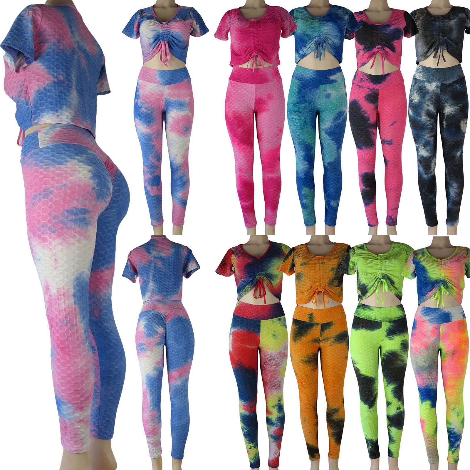 Women's Two-Piece Textured Anti-Cellulite SHIRT & Leggings Set - Tie-Dye Colors