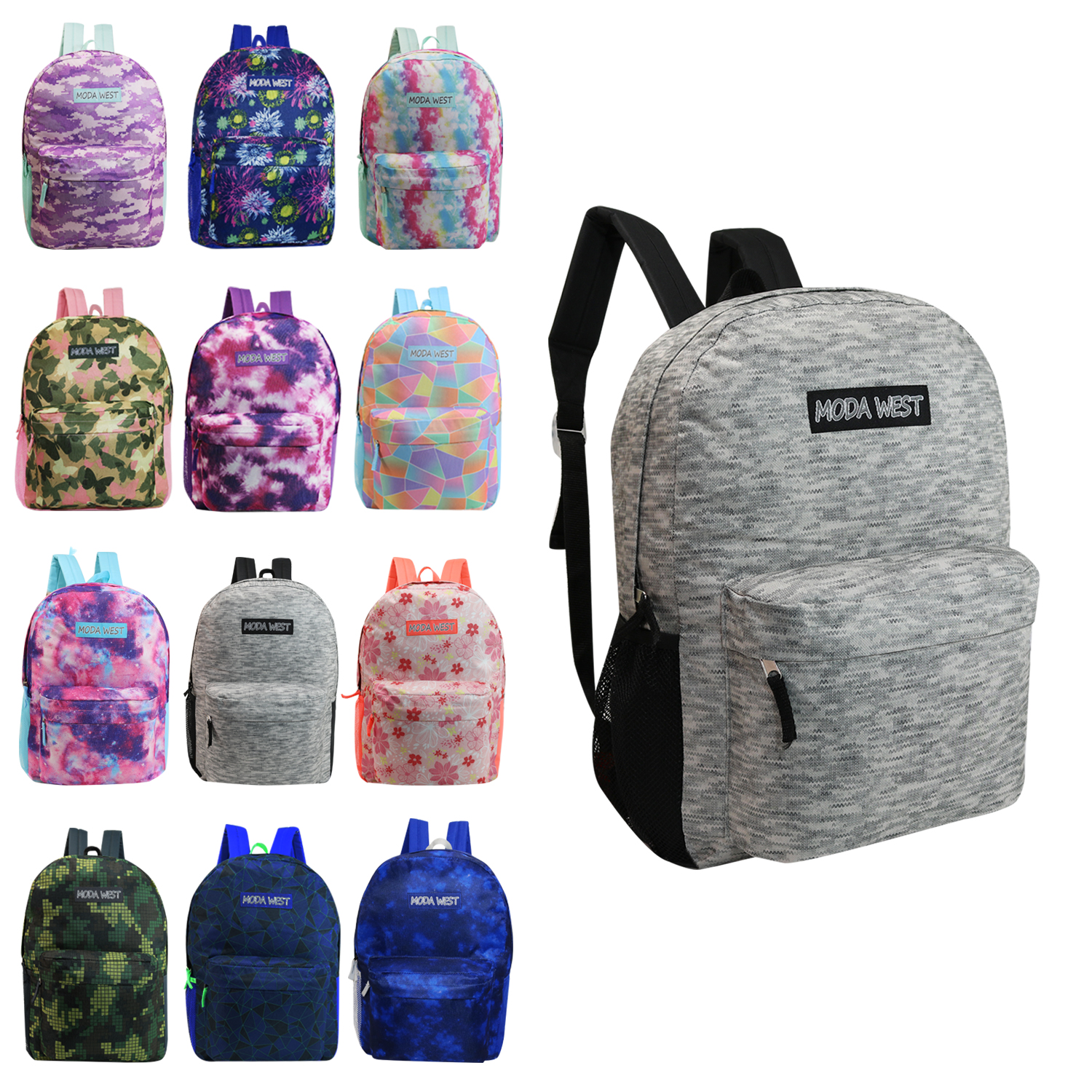 ''17'''' Lightweight Classic Style Printed BACKPACKs w/ Adjustable Padded Straps - Heathered, Camo, & T