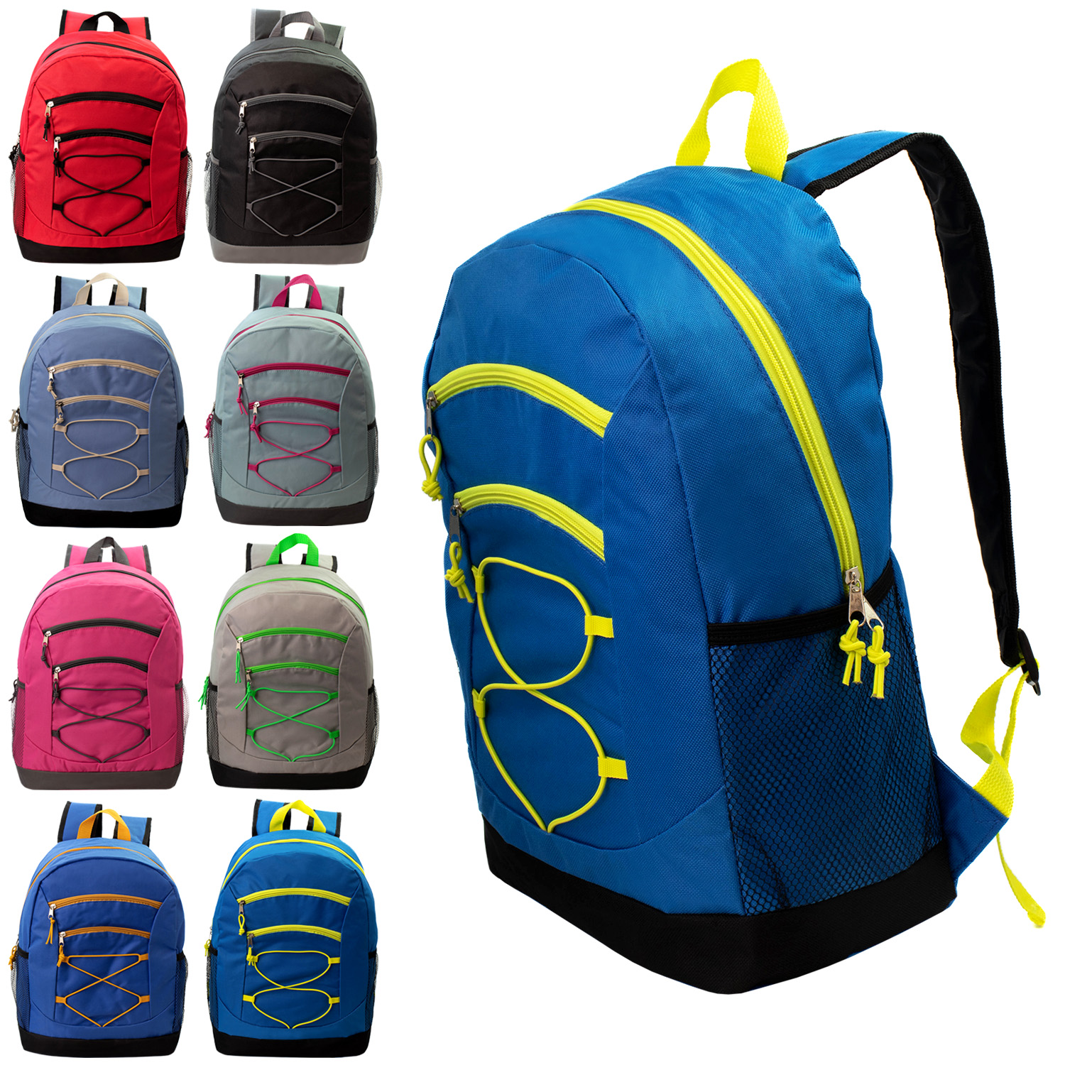 ''17'''' Two Tone Bungee BACKPACKs w/ Adjustable Padded Straps and Mesh Cargo Pockets - Neon & Assorted