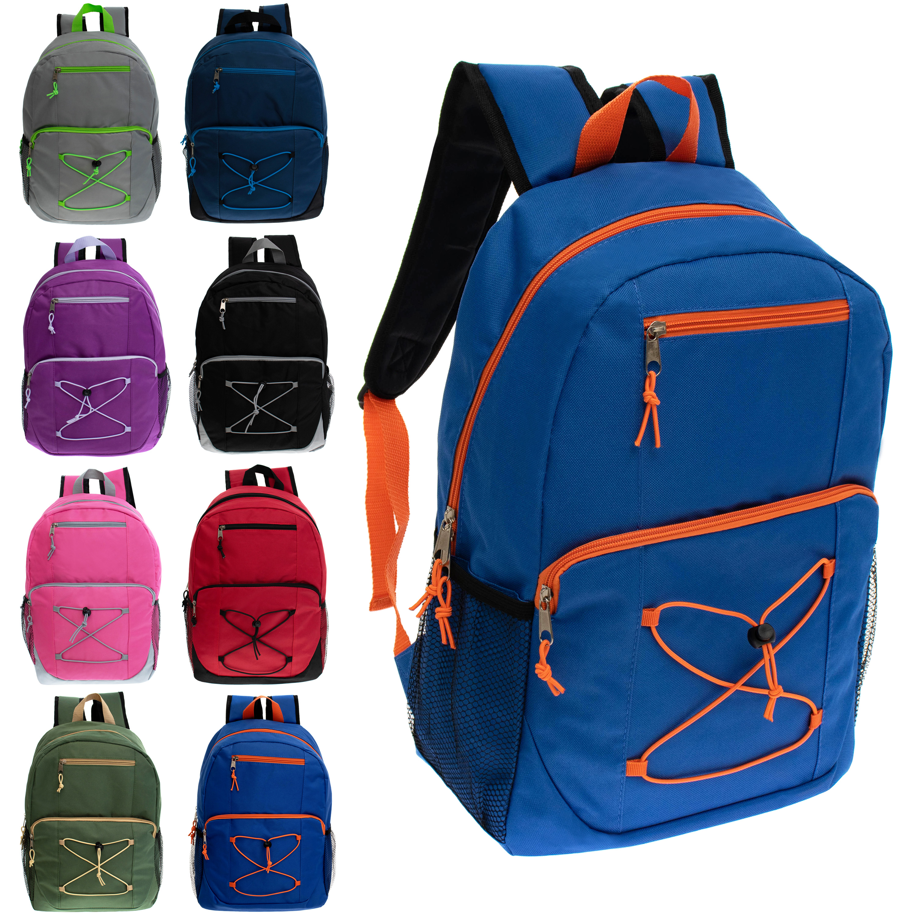''17'''' Two Tone Bungee BACKPACKs w/ Adjustable Padded Straps and Mesh Cargo Pockets - Assorted Colors