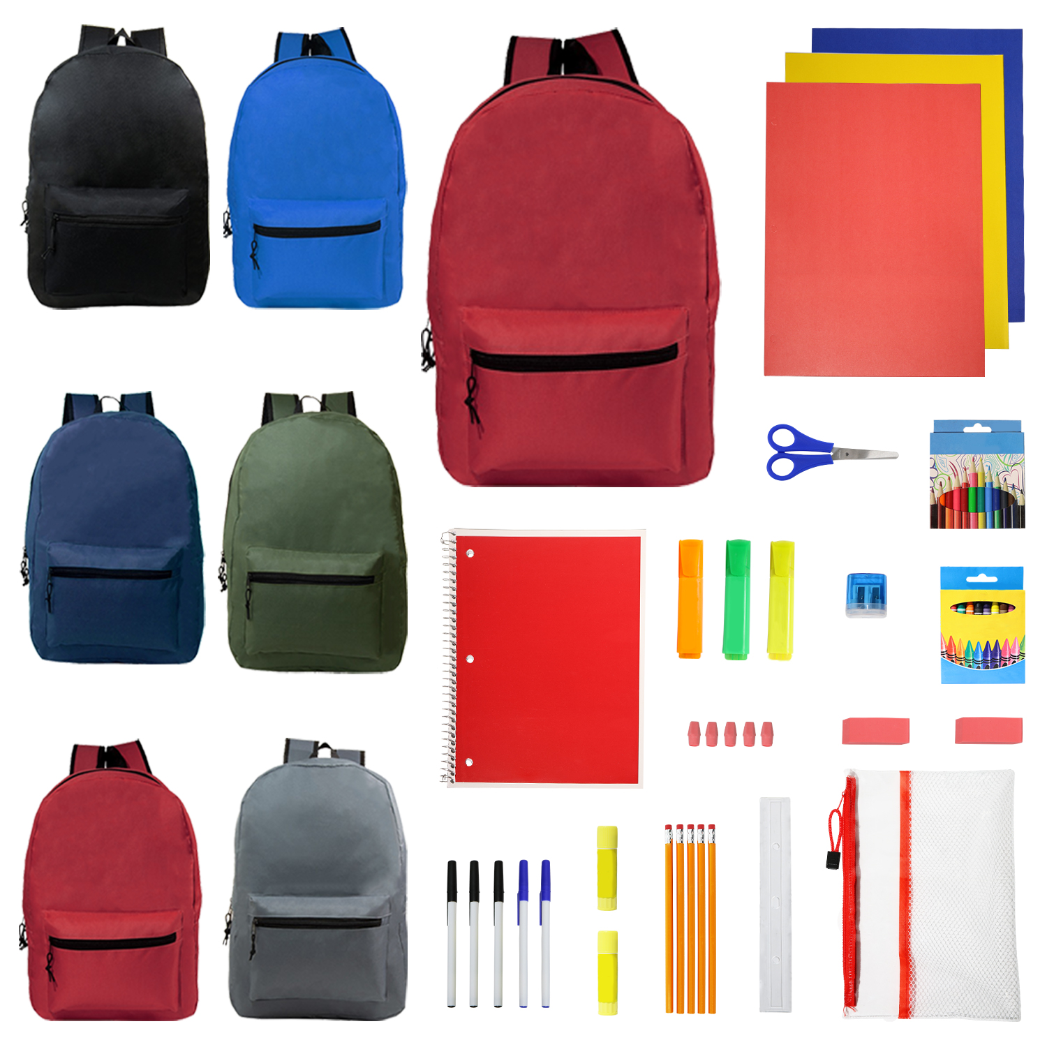 ''17'''' Classic BACKPACKs & 50 PC. Middle School Supply Bundle - Assorted Colors''