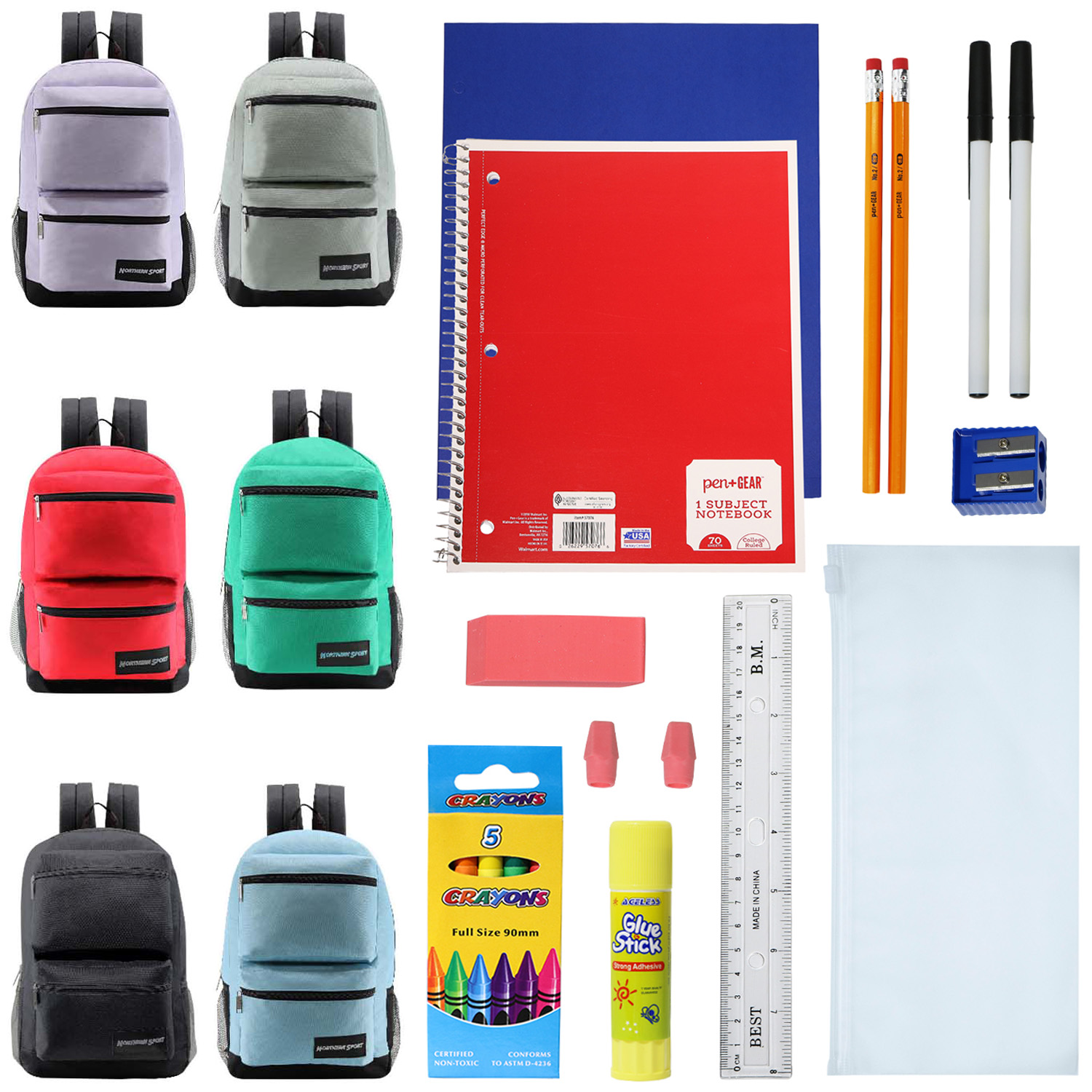 ''17'''' Dual Zippered Sport BACKPACKs w/ 18 PC. Middle School Supply Kits - Assorted Colors''