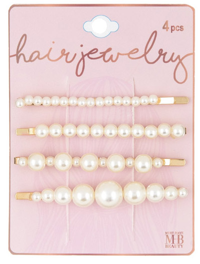 GOLD Hair Barrettes w/ Pearl Embelishment in Assorted Sizes - 4-Pack