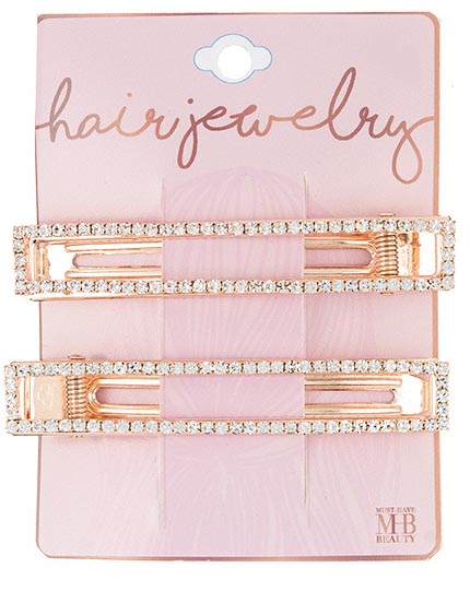 Rose GOLD Hair Barrettes w/ Embroidered Rhinestones - 2-Pack