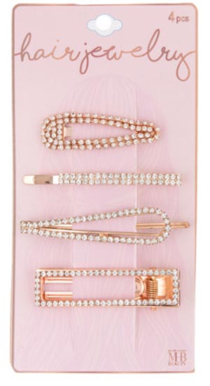 Rose Gold HAIR Barrettes & HAIR CLIP Set w/ Embroidered Rhinestone - 4-Pack