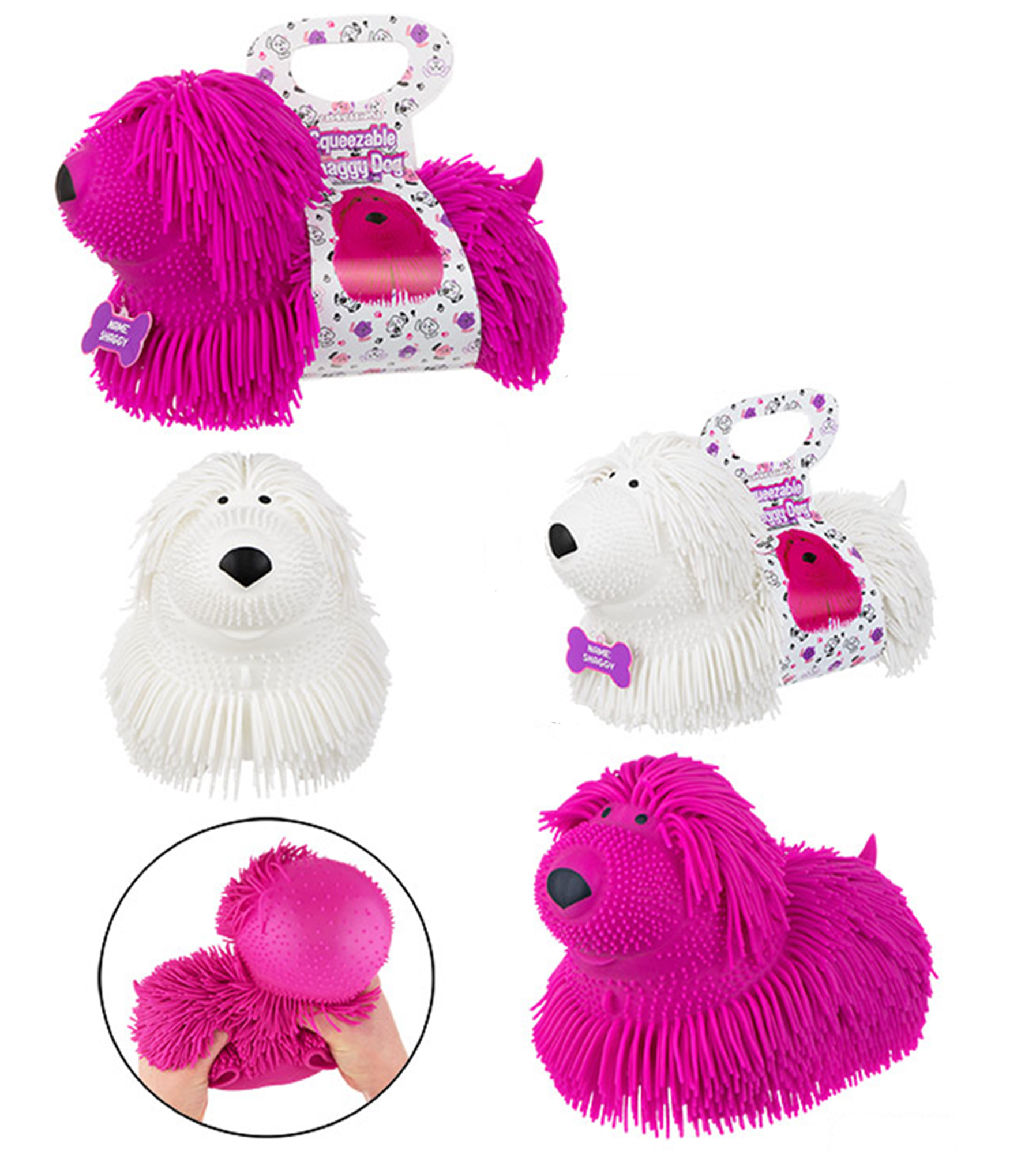 Squeeze & Squishy Puffer Poodle Dog Toy w/ Carrying Walking Handle & Dog Tag