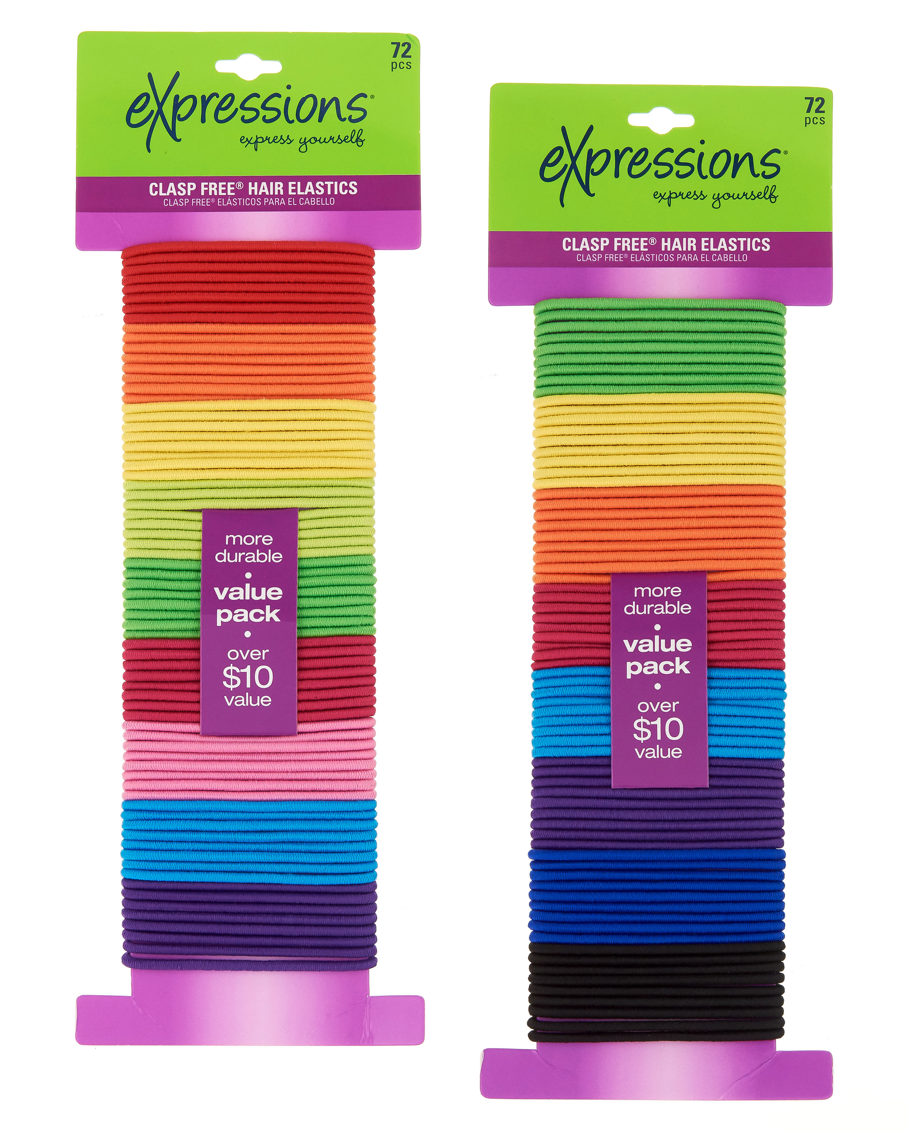 ''This VALUE set includes 72 hair elastics in bright colors. These are designed to be 20X more durabl