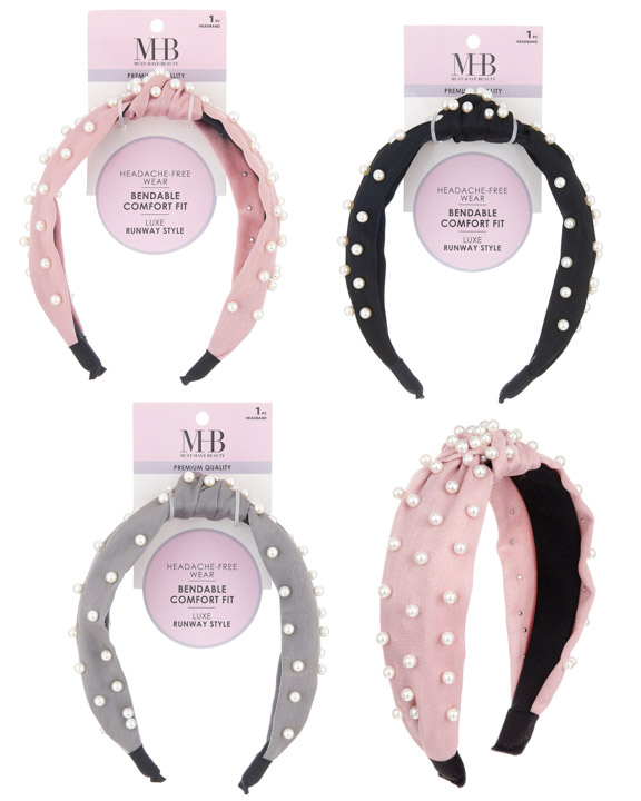 Women's Satin Knotted HEADBANDs w/ Embroidered Pearls  - Assorted Colors