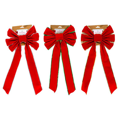 Bow 10x22in Red Velvet 3 Ast W/GOLD Green Silver Trim Xmas Tcd