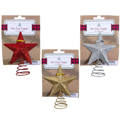 Tree Topper Mini Glitter Star 3ast GOLD/silver/red 5inh Xmas Tcd
