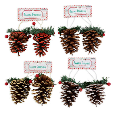 Pinecone Ornament 2pk 4ast W/glitter GOLD/red/natural/white Christmas Headercard