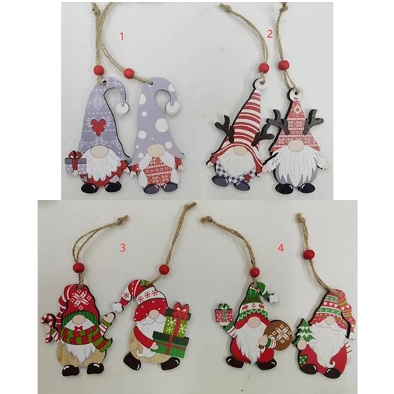 Ornament Gnome 2pk Mdf 4ast W/twine Hanger & Bead Xmas Barbell