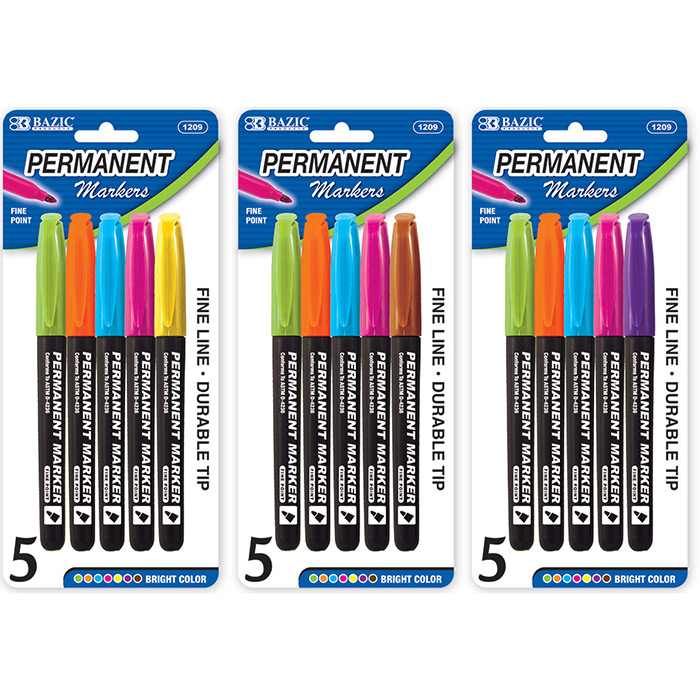 Fancy Colors Fine Tip Permanent Markers w/ Pocket Clip (5/Pack)