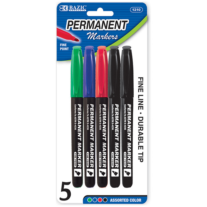 Asst. Color Fine Tip Permanent Markers w/ Pocket Clip (5/Pack)