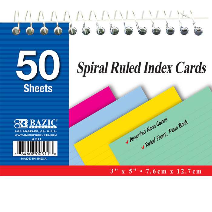 ''50 Ct. Spiral Bound 3'''' X 5'''' Ruled Colored Index Card''