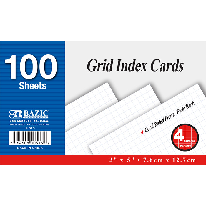 ''100 Ct. 3'''' X 5'''' Quad Ruled 4-1'''' White Index Card''