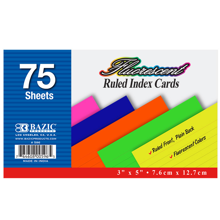 ''75 Ct. 3'''' X 5'''' Ruled Fluorescent Colored Index Card''
