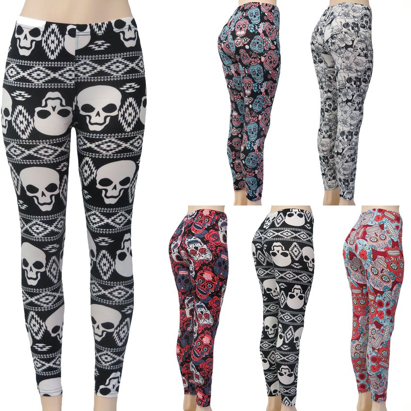 Women's Full Length Leggings - Day of the Dead SKULL Prints - One Size Fits Most