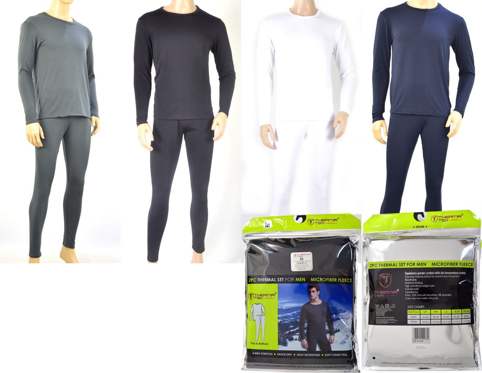 Men's Fleece Lined Thermal UNDERWEAR Sets - Assorted Solid Colors - Choose Your Size(s)